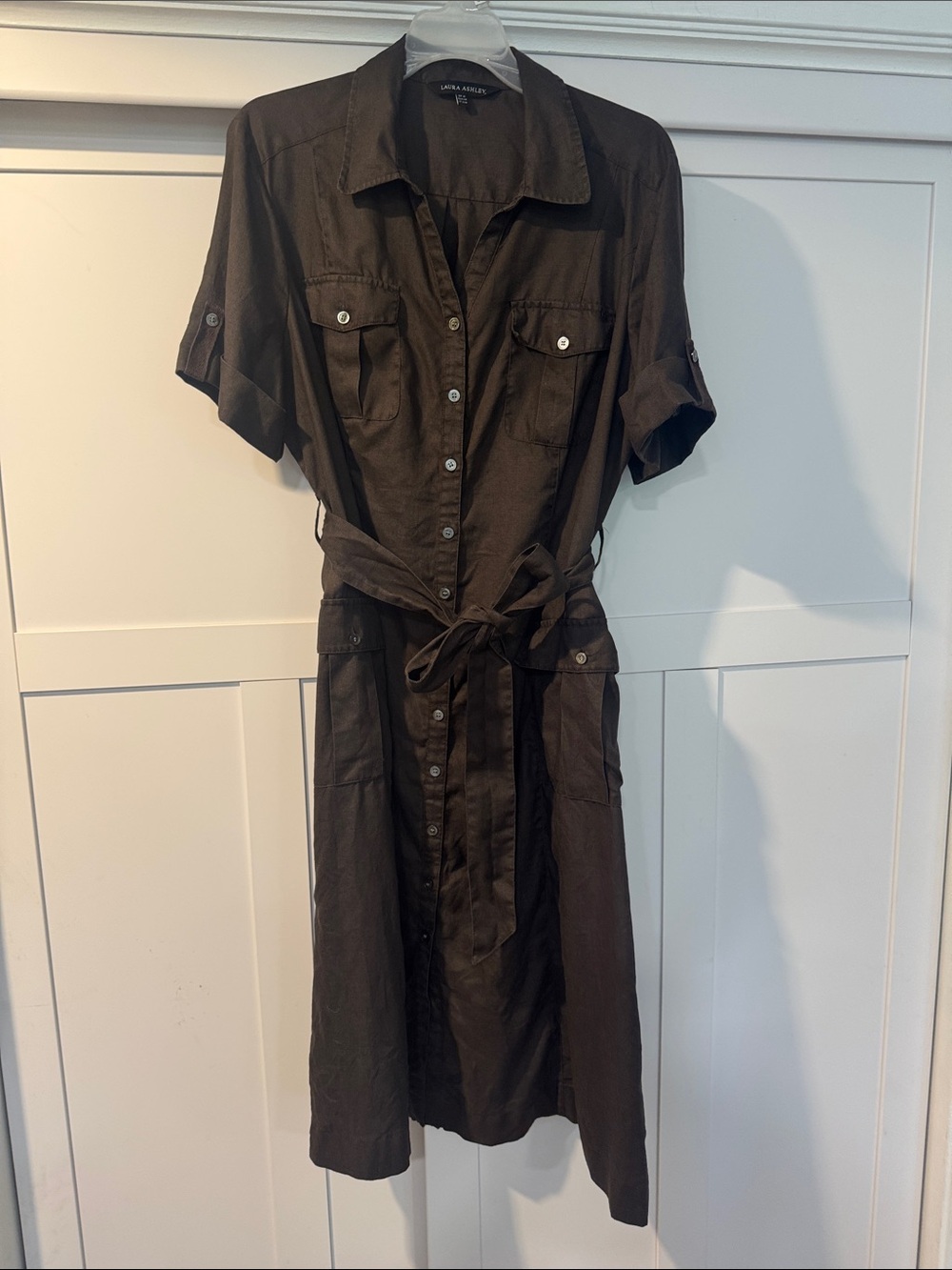 Vintage Laura Ashley Dark Brown Linen cargo Dress with Tie Waist